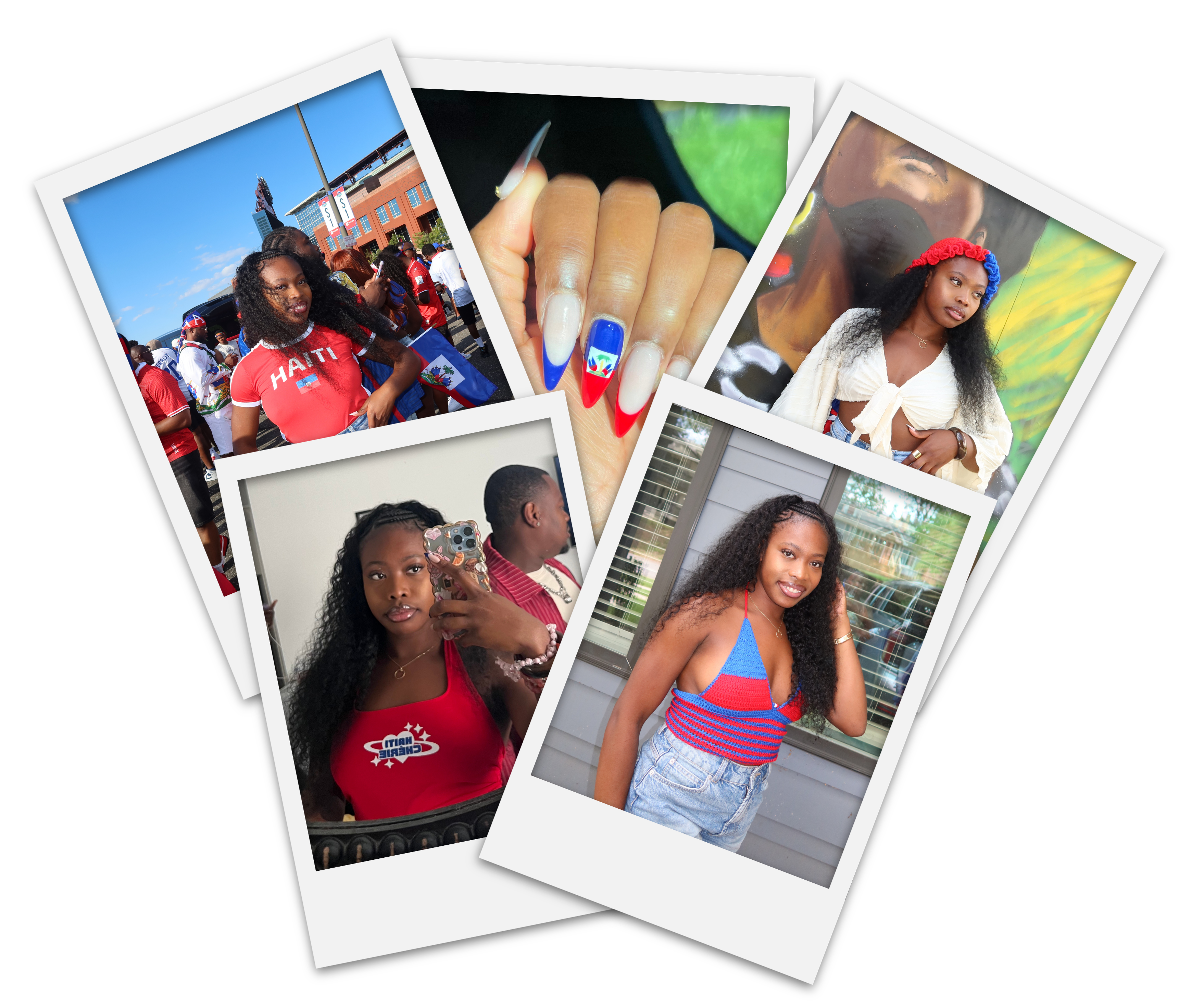 Compilation Polaroid de tenues portées aux États-Unis, chacune avec une référence à Haïti